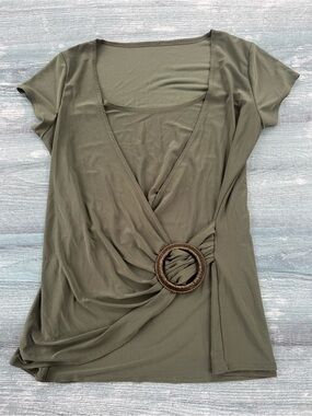 Michael Kors Olive Green Short Sleeve Wrap Top with Ring Accent